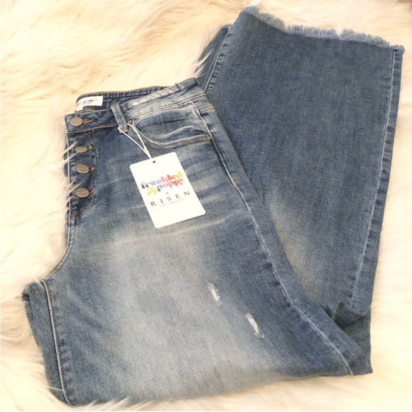 NWT Risen x Freckled Poppy Button Down Wide Leg Jeans Distressed Hem - Picture 2 of 10